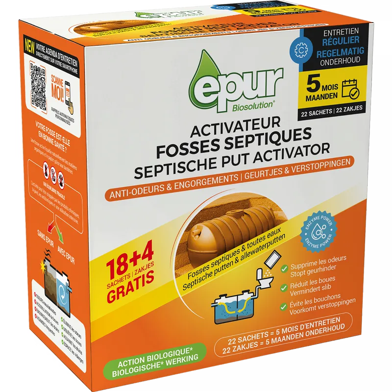 Activateur fosses septiques 4 mois + 1 gratuit, 22 sachets × 25 g