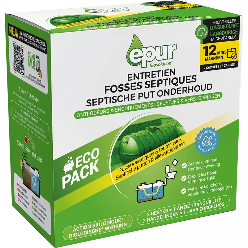 Entretien fosses septiques microbilles 12 mois, 2 sachets × 200 g